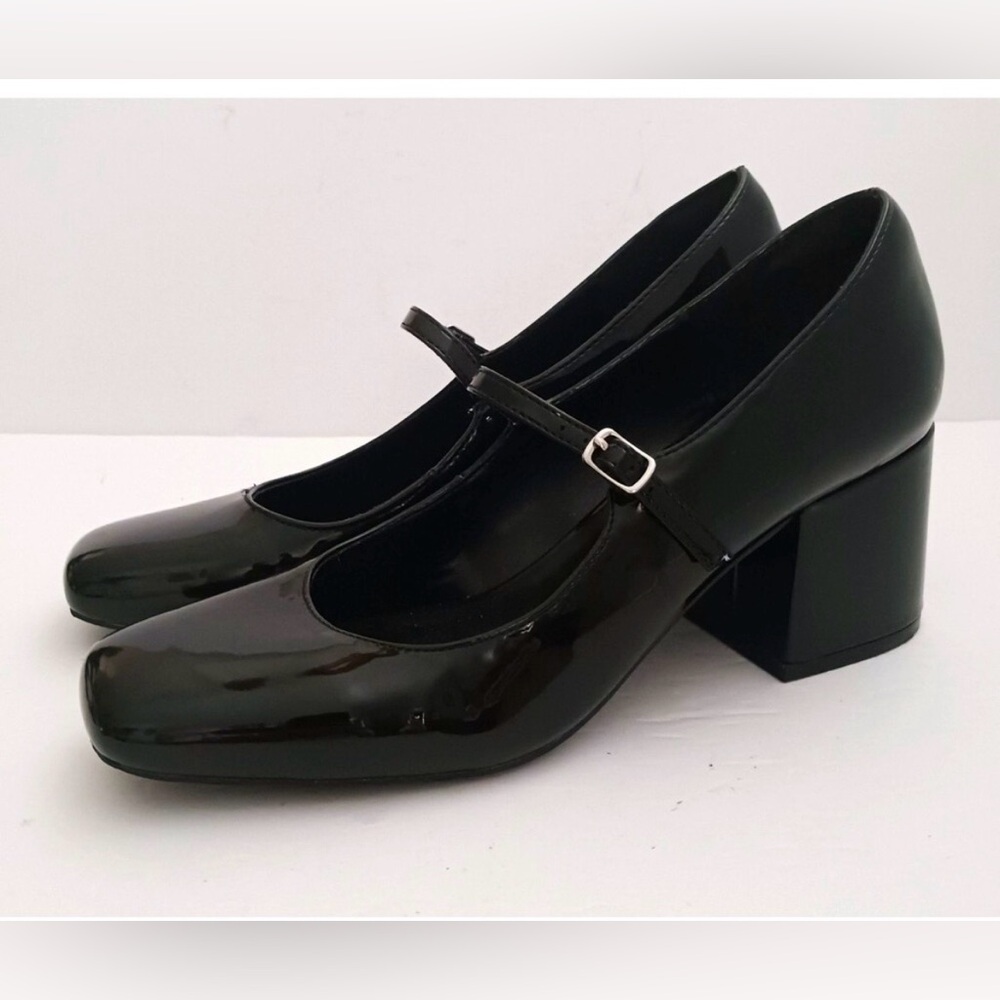 EUC Jenn Ardor Black Patent Mary Jane Pump Chunky Block Heel Square Toe 9M